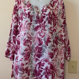 Alfred Dunner Pink and Silver Floral Tunic with Beaded Neckline